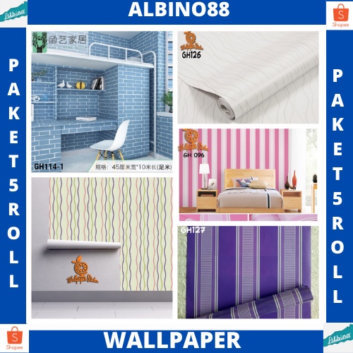 PAKET 5 ROLL Wallpaper Sticker Dinding Walpaper Stiker Ruang Tamu Walpeper Tembok Kamar Tidur Motif karakter dan salur terlaris ALBINO88