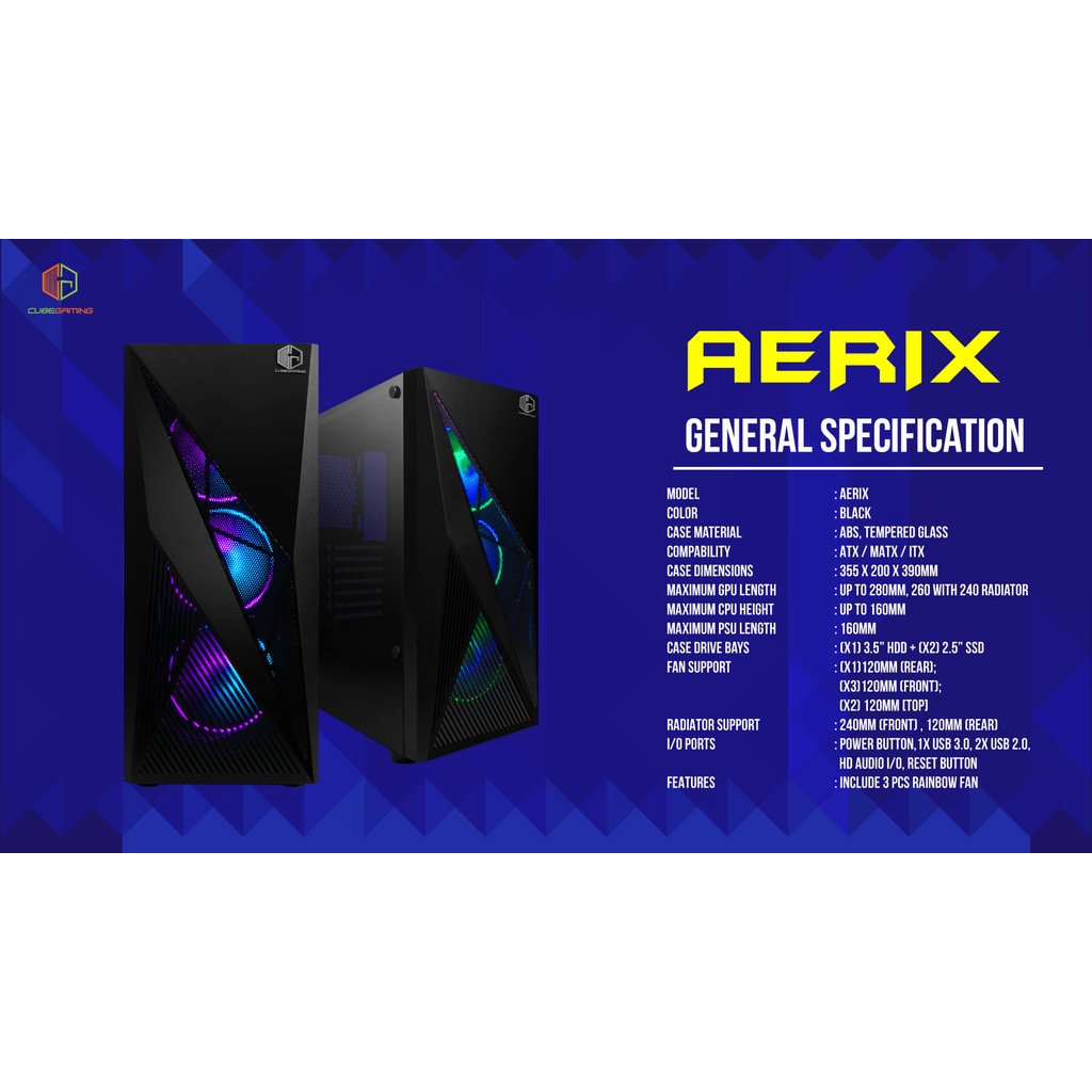 Casing Cube Gaming Aerix + 3 Fan RGB Casing PC Gaming