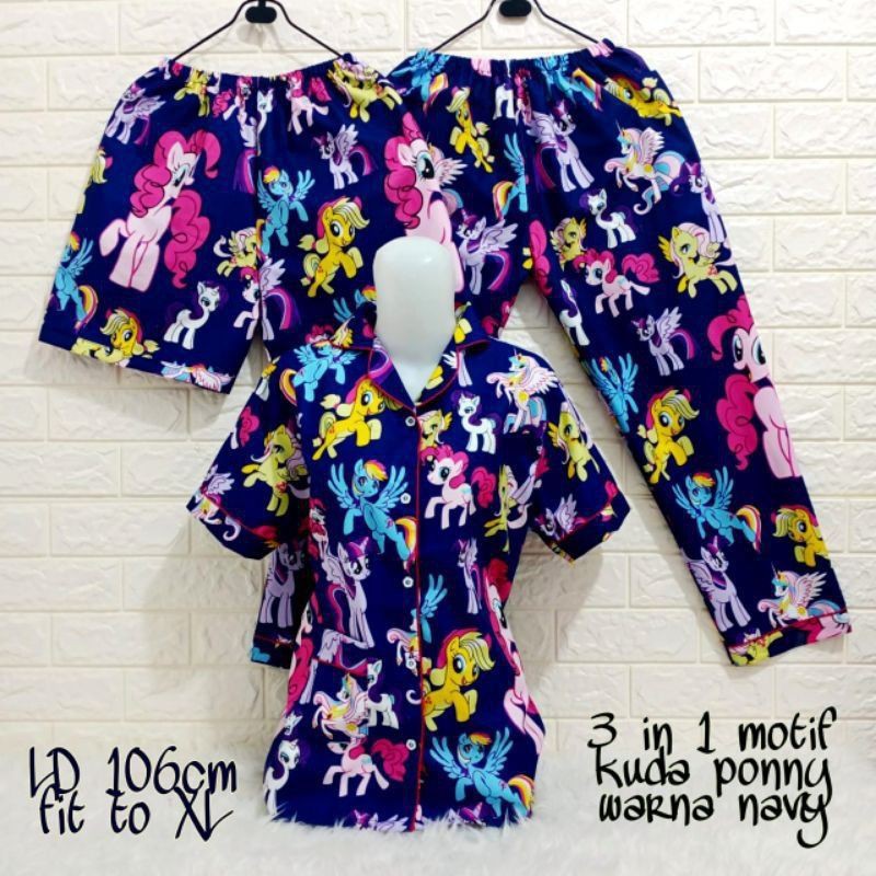 PIYAMA 3 IN 1 DEWASA MOTIF UNICORN/ Baju tidur karakter 1baju 2celana/ Allsize Ld104 fit to L/XL