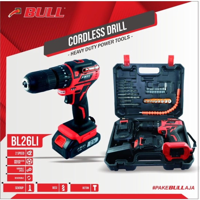 Mesin Bor Impact Baterai Cas 21V BULL 2 Baterai Cordless Impact Beton