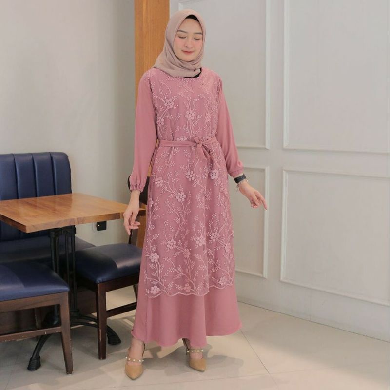 GAMIS BRUKAT RINIA KOMBINASI MOSCREPE / OUTFIT KONDANGAN / ALMA GAMIS SWAN