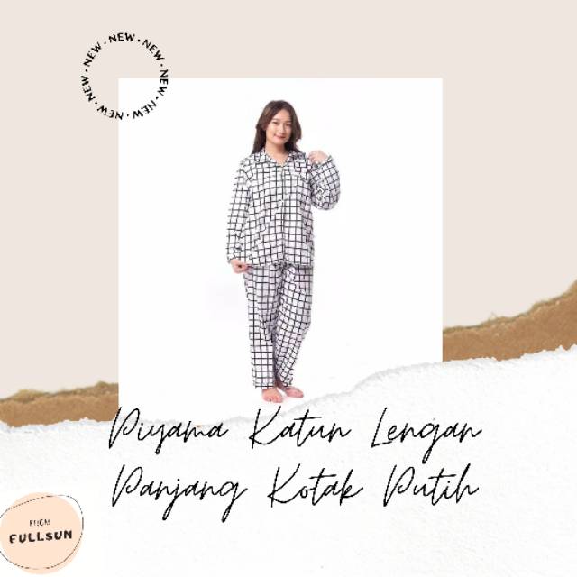 Piyama Katun Lengan Panjang Kotak Putih