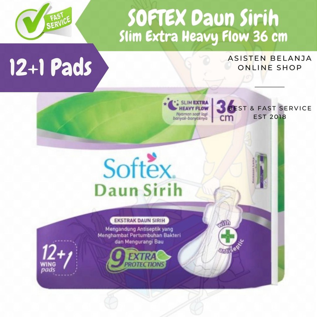 SOFTEX Daun Sirih Slim Extra Heavy Flow 36 cm isi 12 pads Night Wing Wings Pembalut Malam