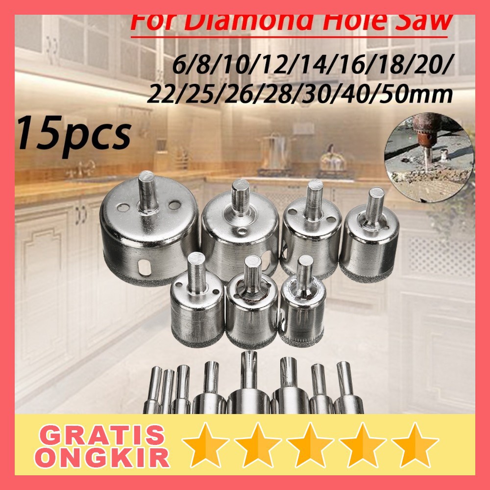 SH8-2 Set isi 16 / 15 / 10 Pcs Mata bor Keramik Kaca Marmer Bulat 1  Lubang Diamond Granit Besi Baja 8mm Sampai 50mm / Set MataBor Kaca Holesaw Hole Saw Keramik Granit Marmer Batu Porselen Permata Hss Pelubang Ceramic Original Asli