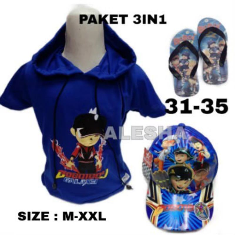 baju anak usia 2-10 tahun, topi dan sendal karakter Free fire boboiboy 3in1