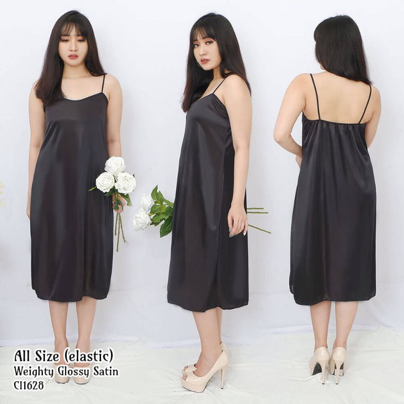 Daster wanita sexy baju tidur satin allsize MIDI dress tanktop bawah lutut 1628BDR
