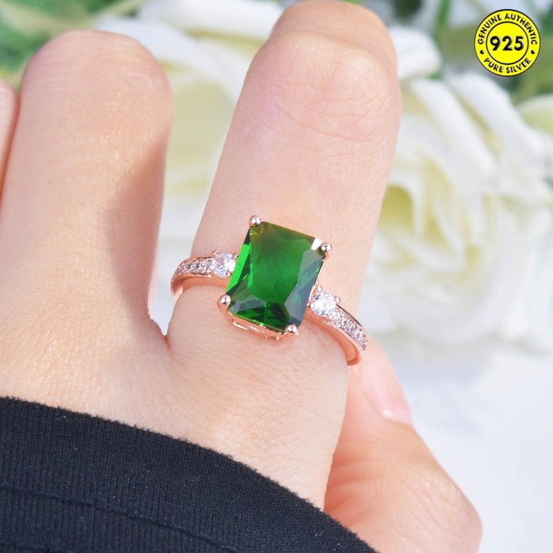Rose Gold Green Tourmaline Ring Inlaid Emerald Colored Gems Open Ring for Women