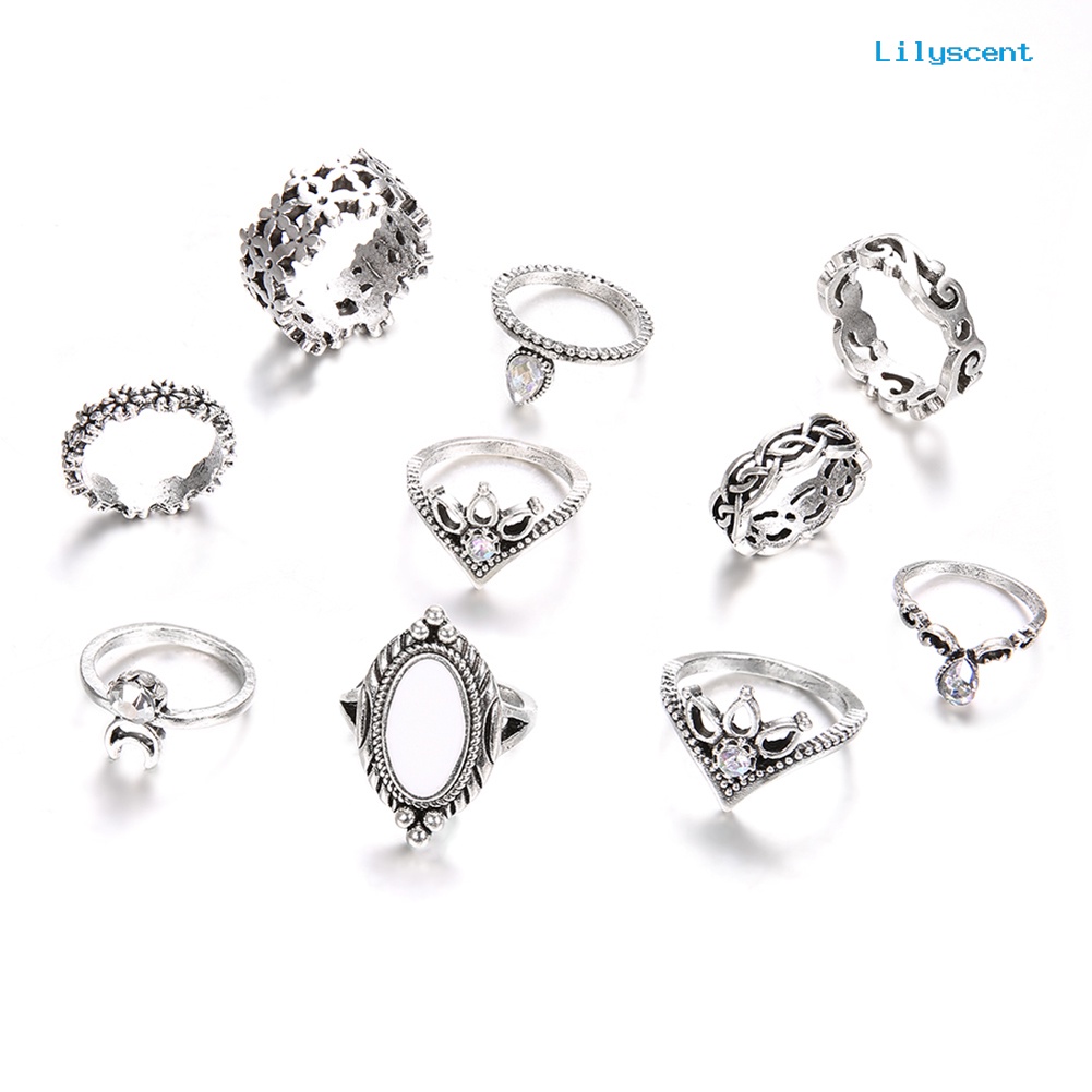 Ls 10Pcs Cincin Buku Jari Aneka Bentuk Gaya Retro Warna Silver Untuk Wanita