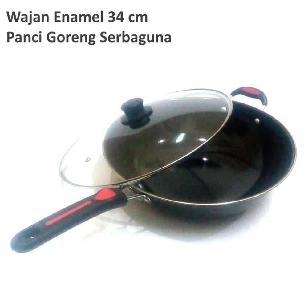 WAJAN ENAMEL 34 CM WAJAN PENGGORENGAN TUTUP KACA Diskon