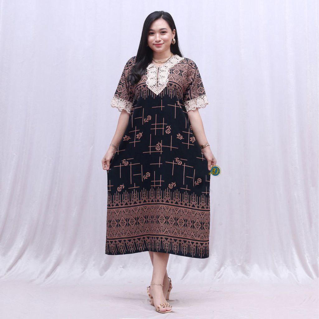 Daster Batik Modern Kekinian Resleting Depan Lengan Pendek Kombinasi Brukat Amelia Dress