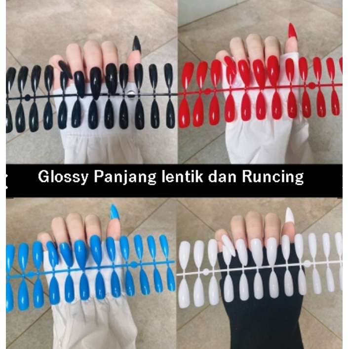 Kuku palsu Glossy Super Panjang Isi 24 pcs Lengkap Dengan Lem Cair kuat isi 2 gram