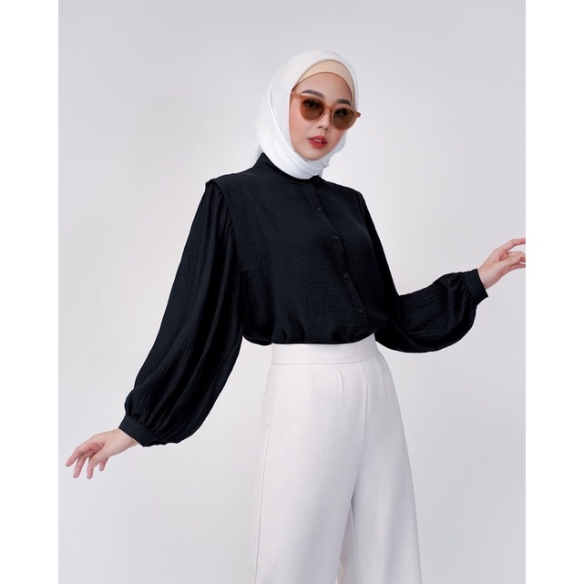 Puffy Crincle Blouse Wanita  / Blouse Salur Wanita / Blouse Kerja Wanita-PUFFY BLACK