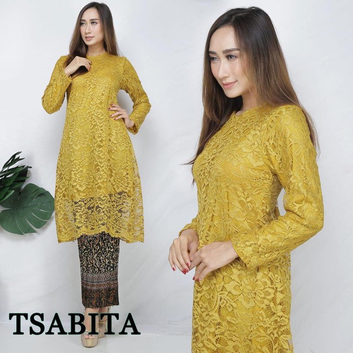 Setelan Kebaya Tunik Tsabita Warna Gold Mix Plisket / Kebaya Modern