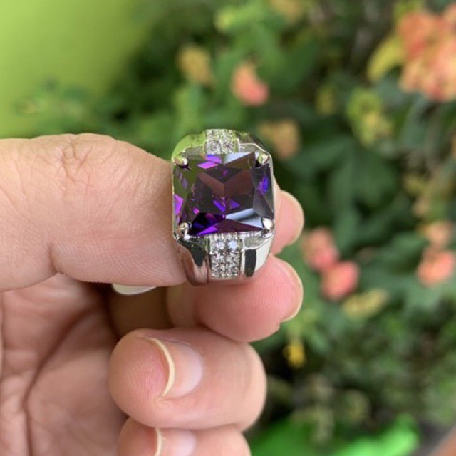 Cincin Pria Perak Kecubung Ungu Ametys Kristal Cutting High Quality Kantoran