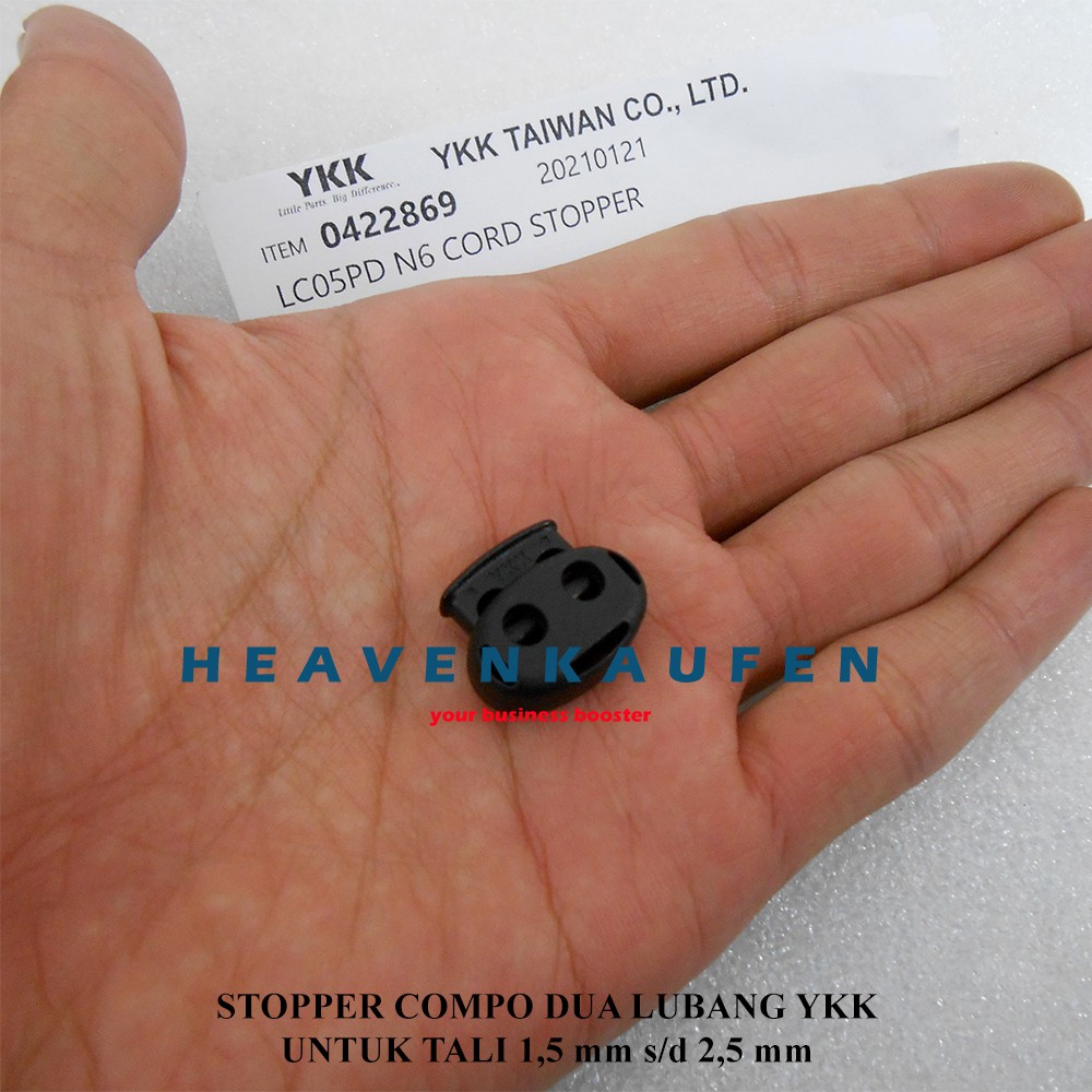 Stopper Tali YKK Dua Lubang Warna Hitam Untuk Tali Kecil 1,5 mm s/d 2,5 mm Harga Per Biji