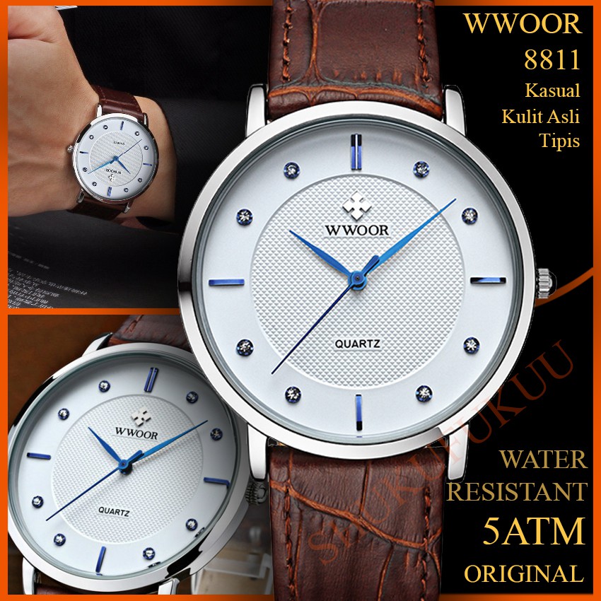 WWOOR 8811 Jam Tangan Pria Klasik Tipis Tali Kulit - Brown White - Original