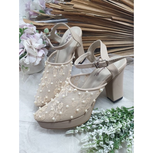 sepatu purri cream tali 9cm bahan