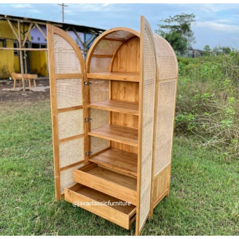 Lemari baju rotan jati minimalis almari pakaian kayu vintage retro gantung 2 pintu-3