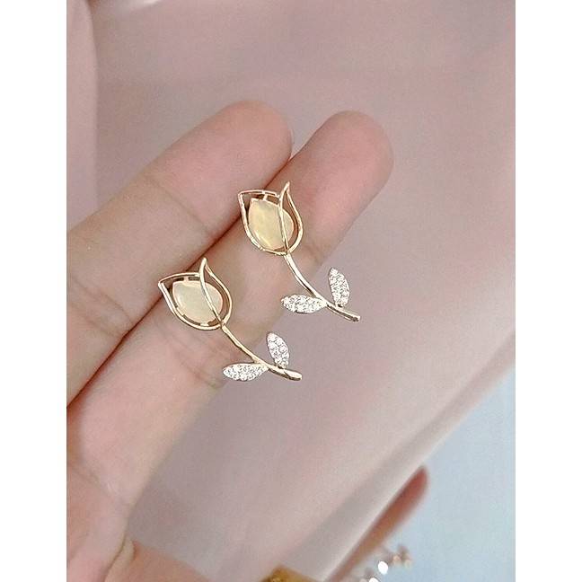 LRC Anting Tusuk Fashion Golden Rose Opal Alloy Hollow Earrings K49010