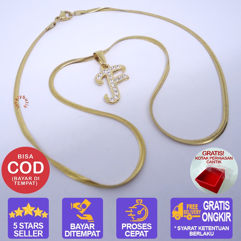 Lovelybutik Honey Kalung Huruf Titanium Anti Karat Inisial F Uk 45 cm BONUS KOTAK PERHIASAN