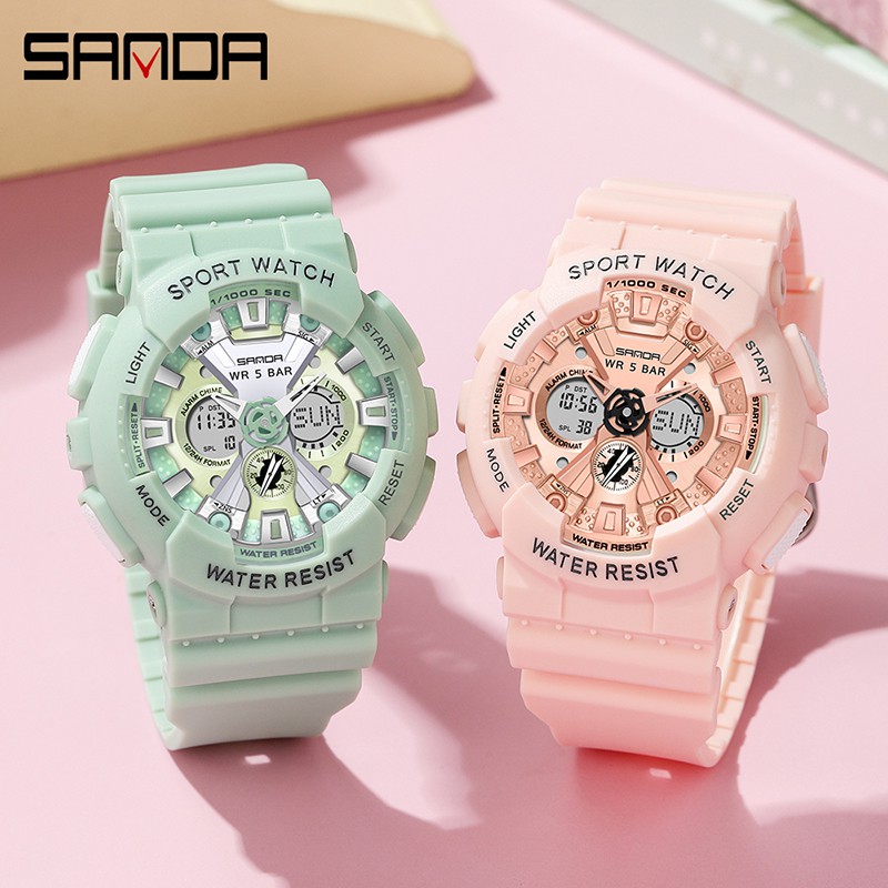 SANDA 6068 Jam Tangan Wanita Digital Analog Tali Rubber Chronograph Anti Air WATCHKITE WKOS