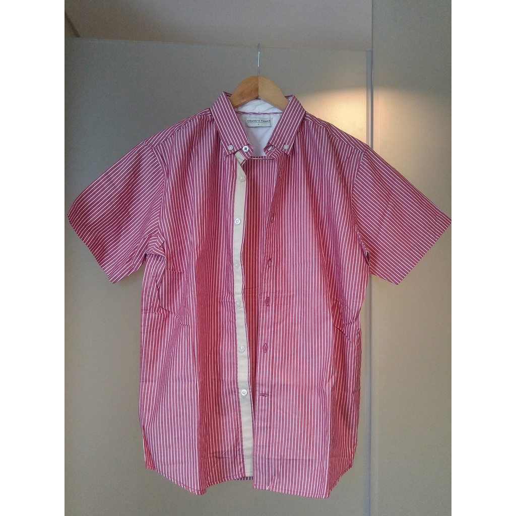 Kemeja Pria Lengan Pendek Merk CF Country Fiesta 100% Original Size L Motif Garis-Garis
