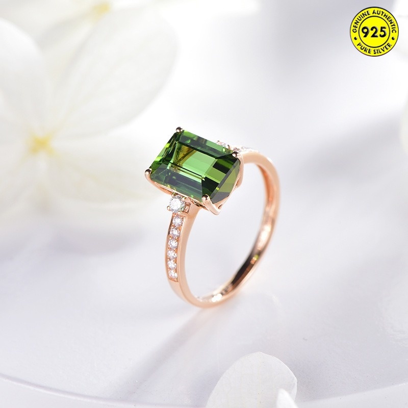 Rose Gold Green Tourmaline Ring Inlaid Emerald Colored Gems Open Ring for Women
