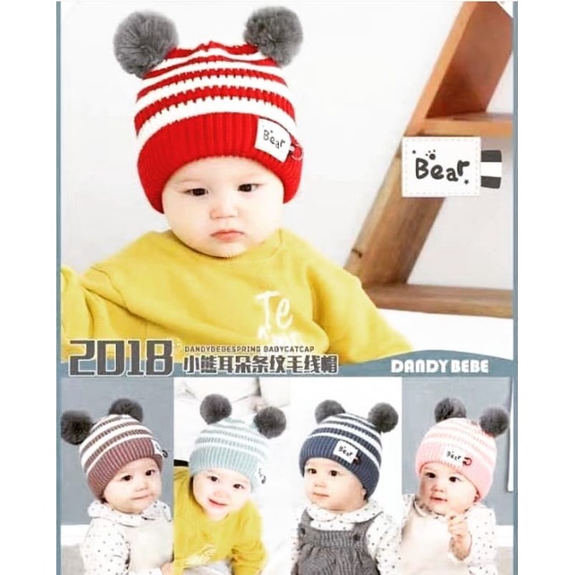 Topi Kupluk Bayi Polos Model Pompom Salur Laki Laki Perempuan Usia 0 3 6 bulan umur 1 2 3 Tahun thn