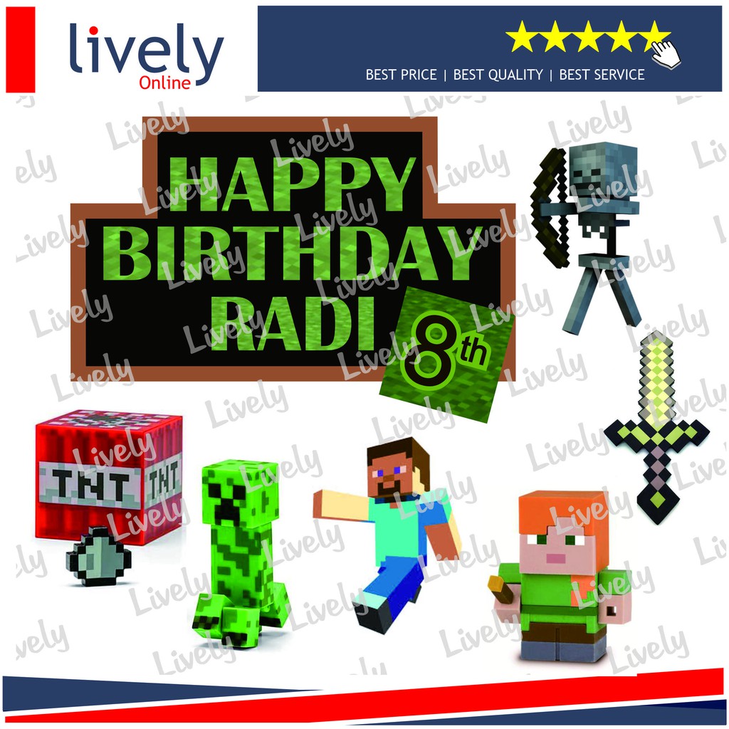 CAKE TOPPER KARAKTER HIASAN KUE HBD HAPPY BIRTHDAY CUSTOM NAMA MINECRAFT 01 set