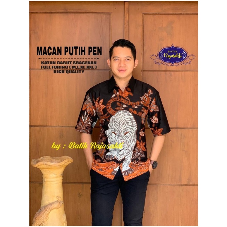 BATIK PREMIUM MACAN PUTIH KEMEJA BATIK SOLO PRIA LENGAN PENDEK LAPIS FURING ATASAN PREMIUM MODERN