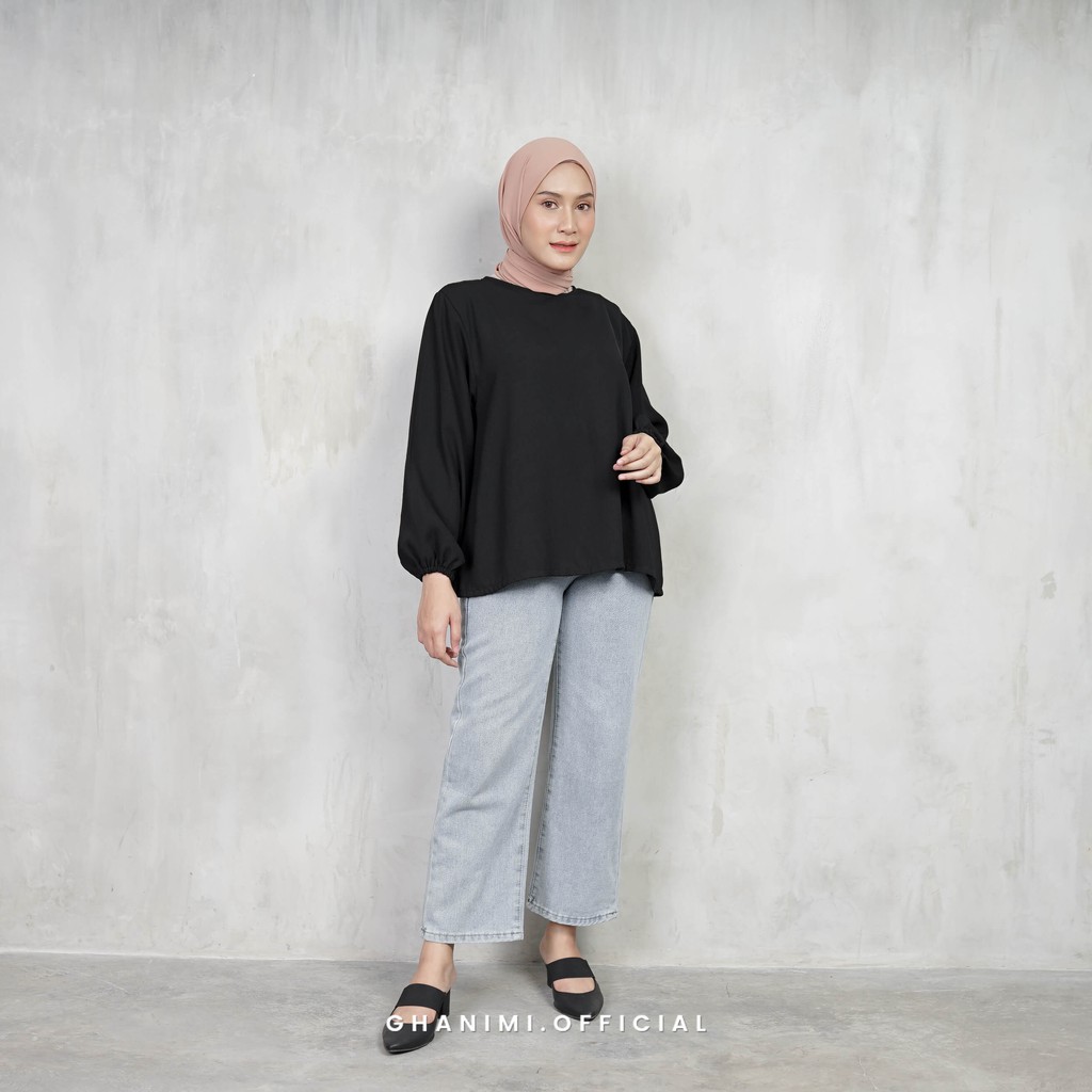 Ghanimi - Nazla Inner / atasan Basic Lengan Panjang / blus polos daily casual formal / blus simple lengan karet wudhu friendly / blus hitam putih polos