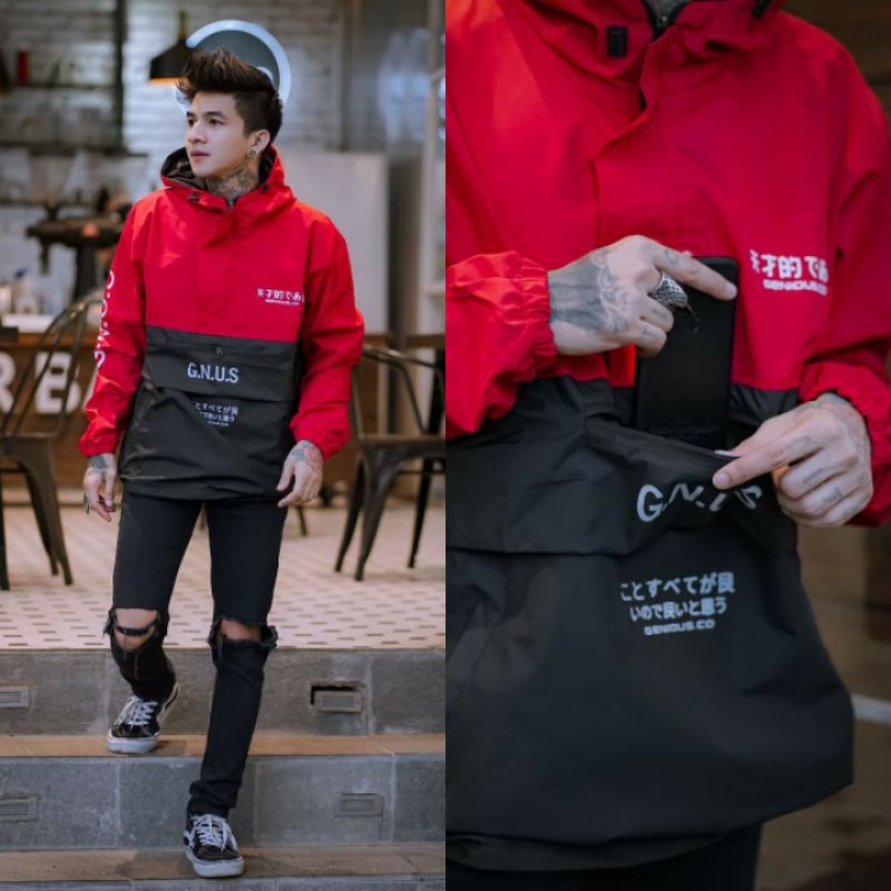 Jaket pria IKC 002 distro cbr Bandung hoodie dua sisi bolak balik keren grosir jaket cagoule erigo Jaket Pria Parasut Anti Air-CG Merah Hitam