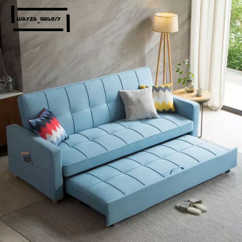 Sofabed Multifungsi Sofa Kayu Jati Warna Biru Sofabed Model Terbaru Bantal Sofa Tempat Tidur