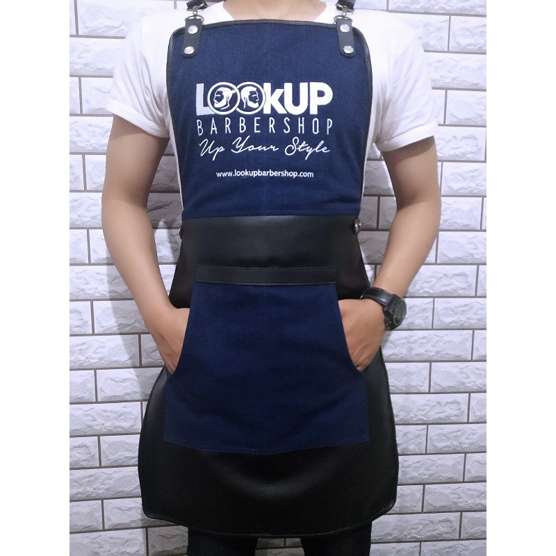 apron barista celemek barbershop celemek koki masak kombinasi kanvas tebal dan premium syntethic leather plus bordir logo