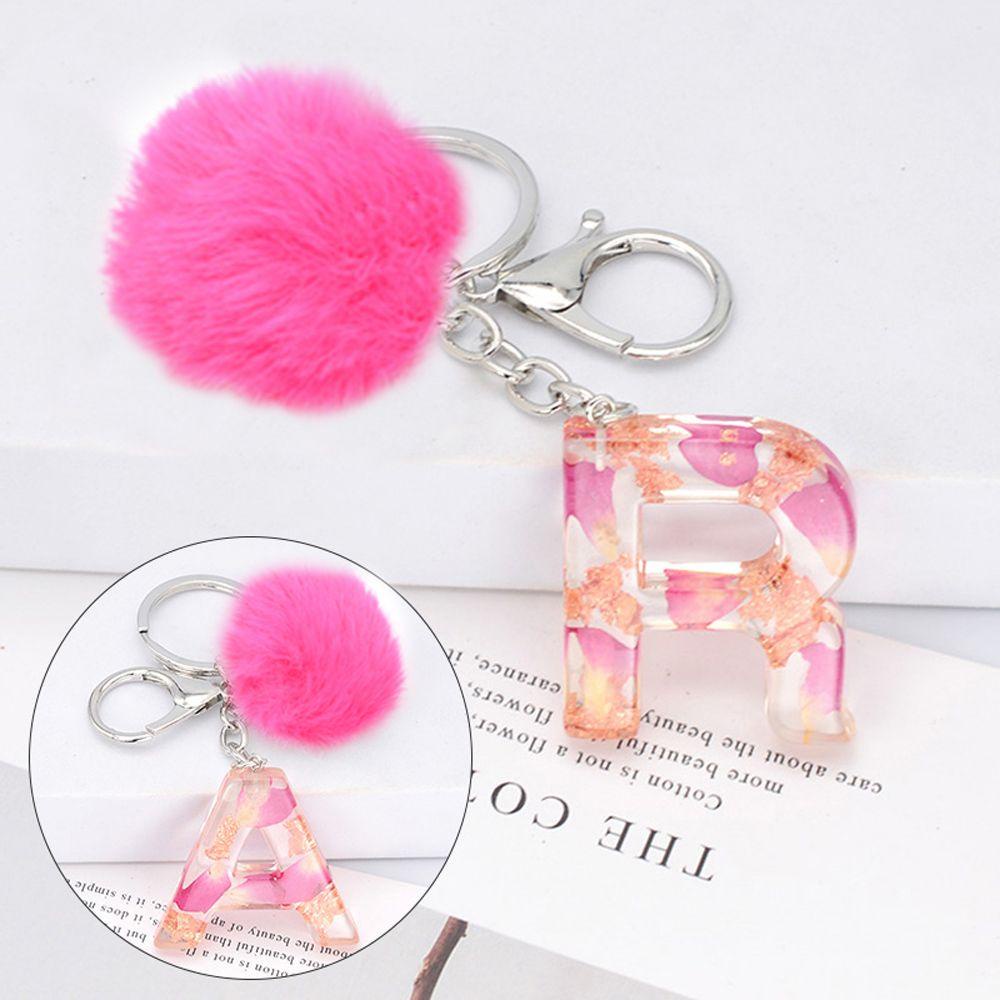 NEEDWAY Bunga Huruf Gantungan Kunci Resin Merah Pompom Liontin Kata Kerajinan Perhiasan Key Chains Rings Car Keyring 26huruf Gantungan Kunci