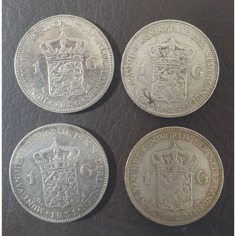 koin kuno, koin perak 1 gulden Wilhelmina tahun 1928, 1929, 1930, 1931, 1939 VF