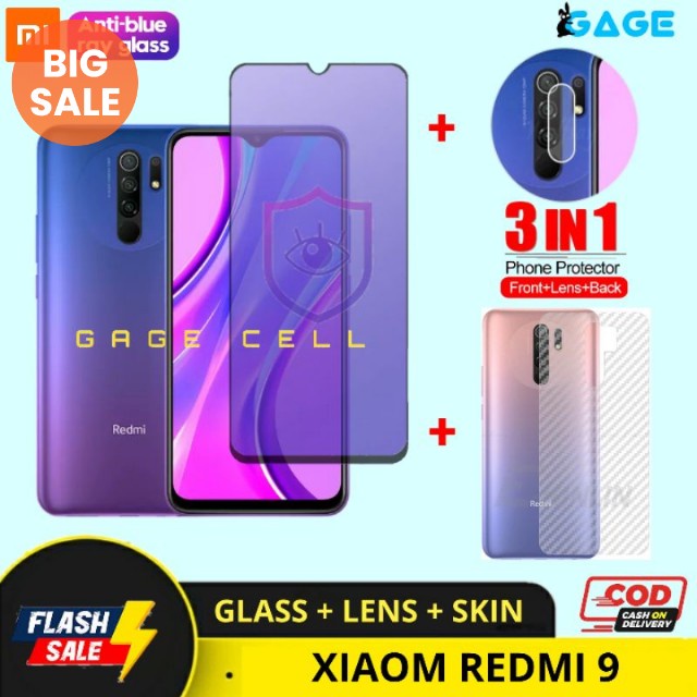 PAKET 3 IN 2 TEMPERED GLASS ANTI RADIASI XIAOMI REDMI 9 FULL LAYAR KAMERA SKIN CARBON PREMIUM