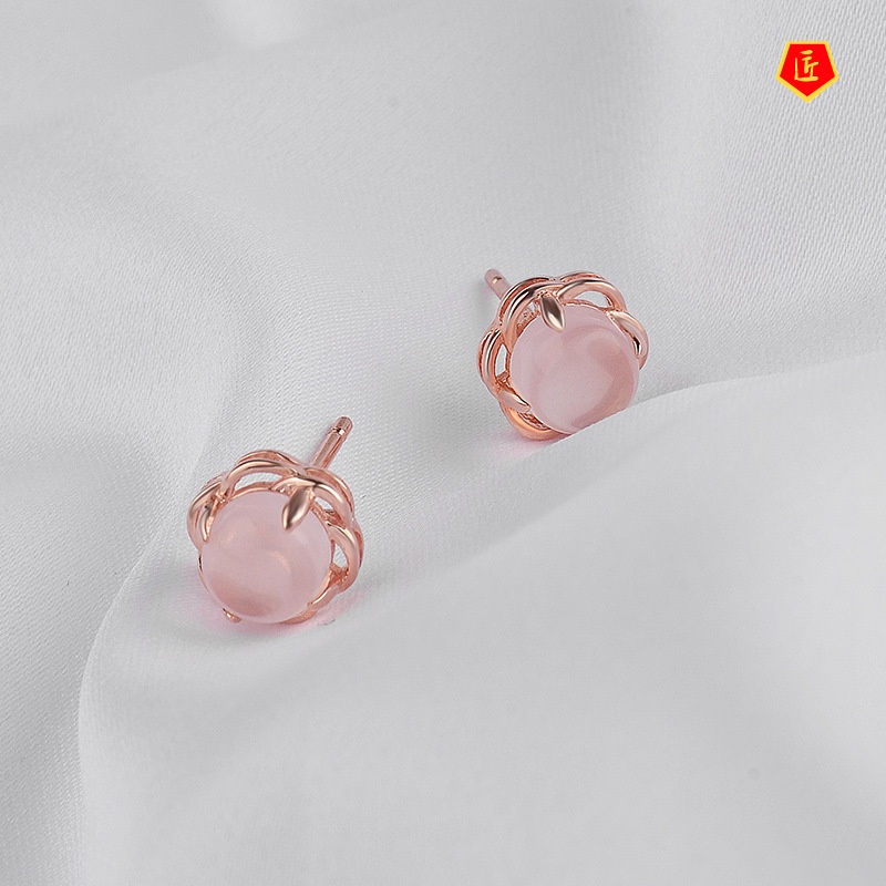 [Ready Stock]Graceful 18K Rose Gold Pink Crystal Ross Quartz Stud Earrings