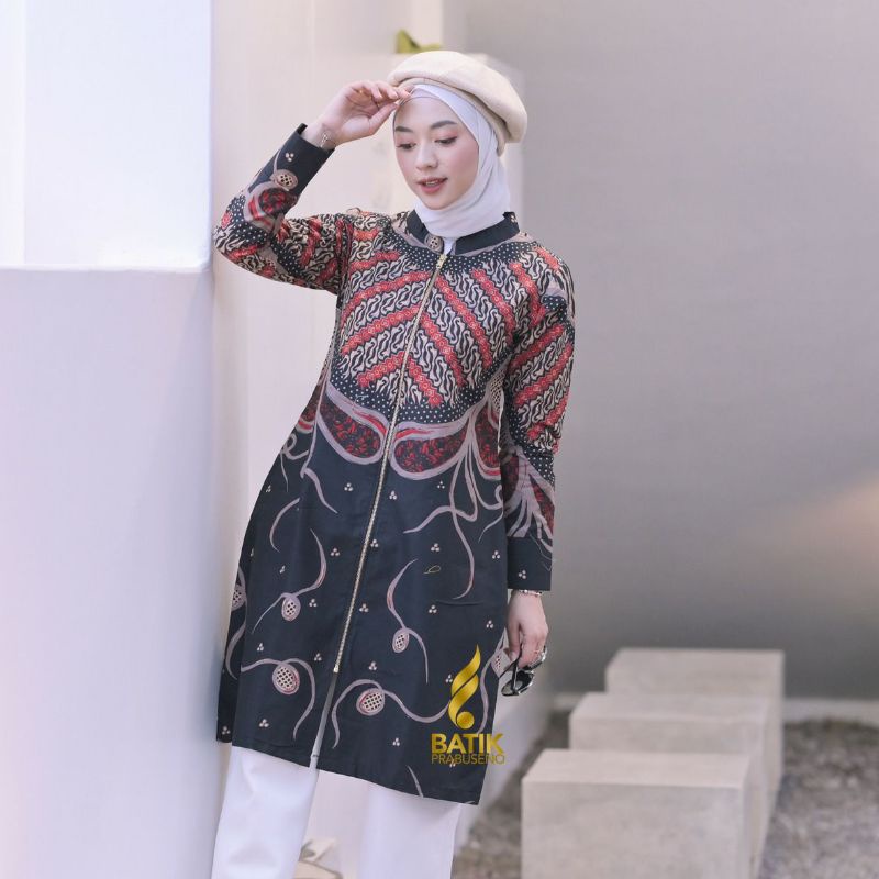 Ulfa Hitam Tunik Batik Wanita Katun Printing Motif Full Futing Trikot Busui Adem Nyaman Seragam Kant