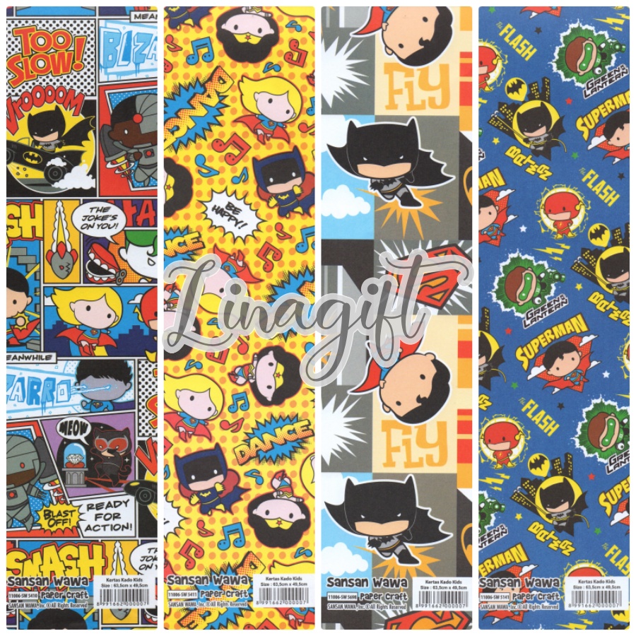 ( 5 Lembar ) HERO DC JUSTICE LEAGUE SANWA - KERTAS KADO SUPERHERO - GIFT WRAPPING PAPER SANSAN WAWA SUPERHEROES SUPERMAN BATMAN GREEN LANTERN JOKER DOFF 80 GRAM 54x65