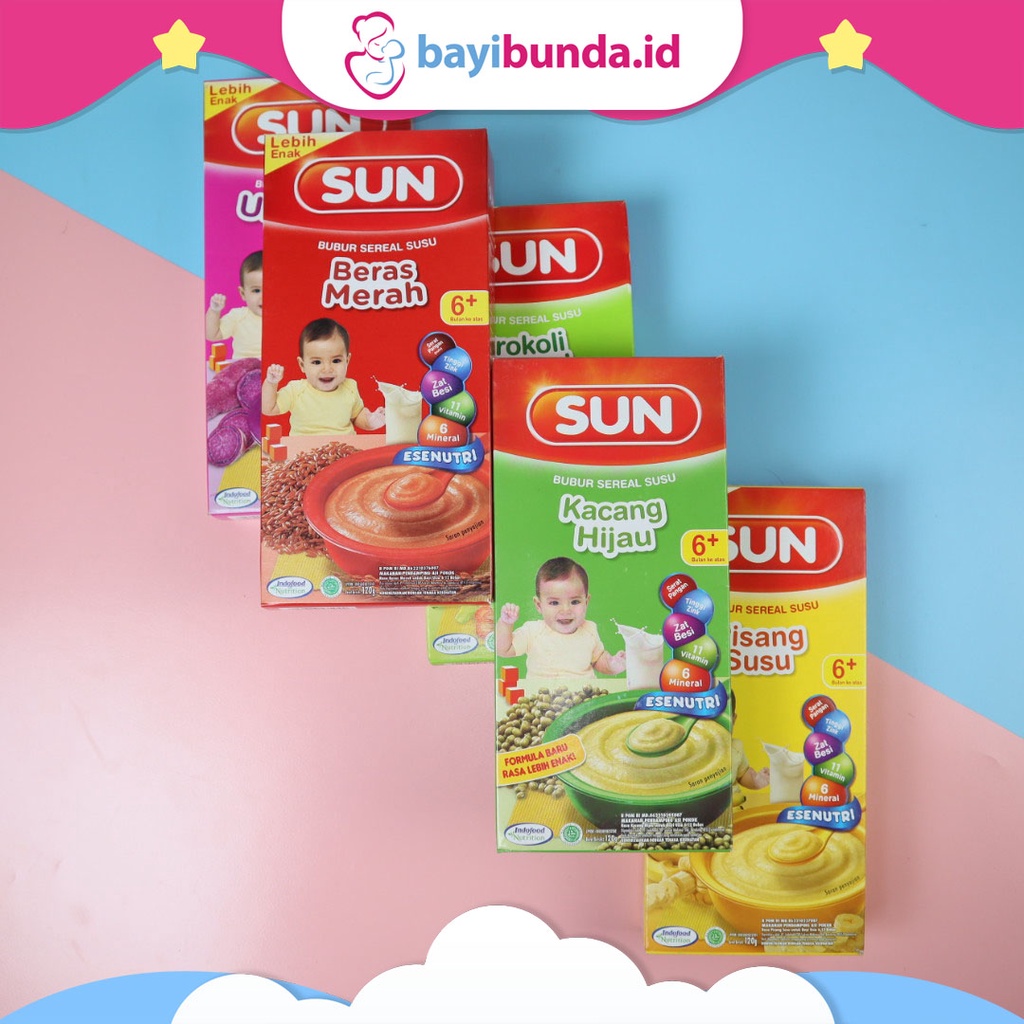 Sun | Bubur Bayi Instan Mpasi | Sereal Susu | Makanan Bayi | 120 gram | 6 bulan Keatas | Kacang Hijau Ubi Ungu Beras Merah Pisang Susu Brokoli &amp; Wortel