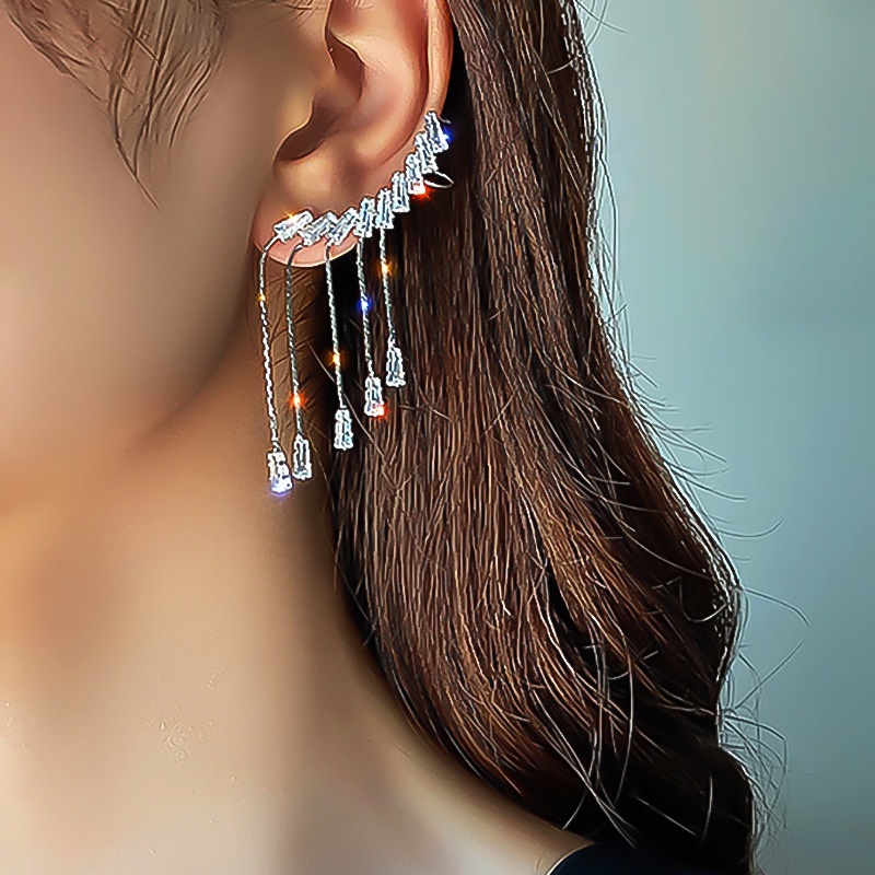 S925 Perak Jarum Korea Panjang Sayap Rumbai Anting-Anting Wanita Baru Zirkon Telinga Tulang Anting-Anting Klip Anting-Anting