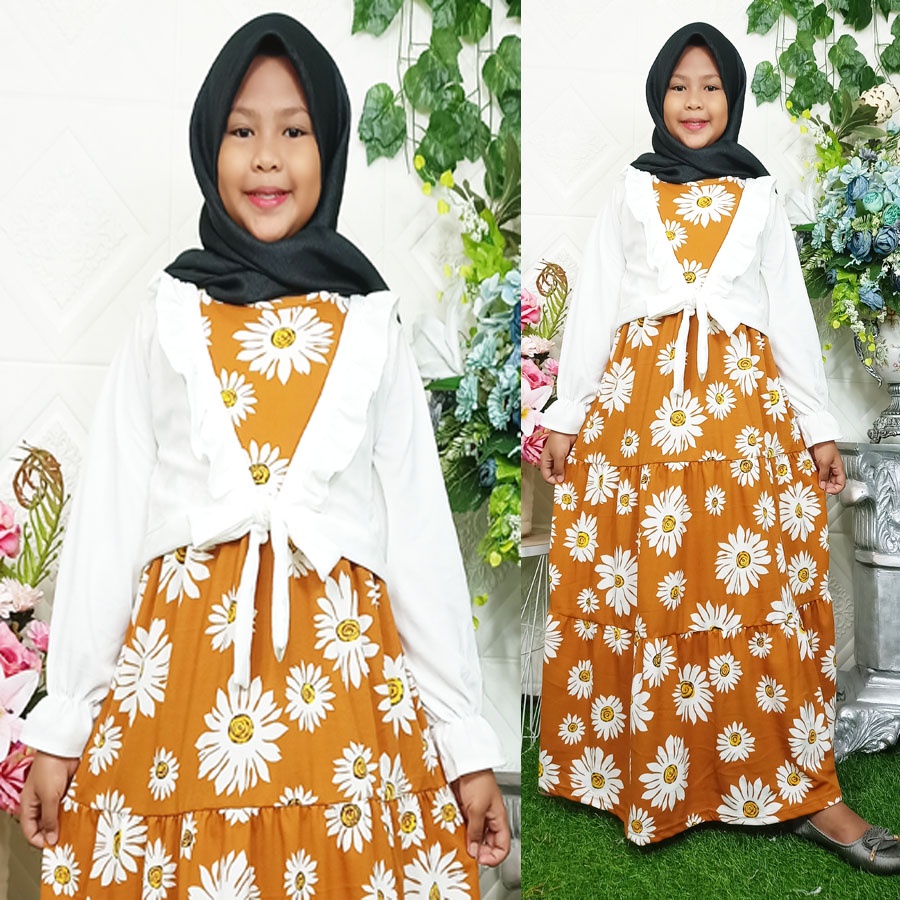 CARLINA – Gamis Anak Rompi Putih Ruffle Bunga Muslimah Kaaffah 3-13 tahun Dress Panjang Kids