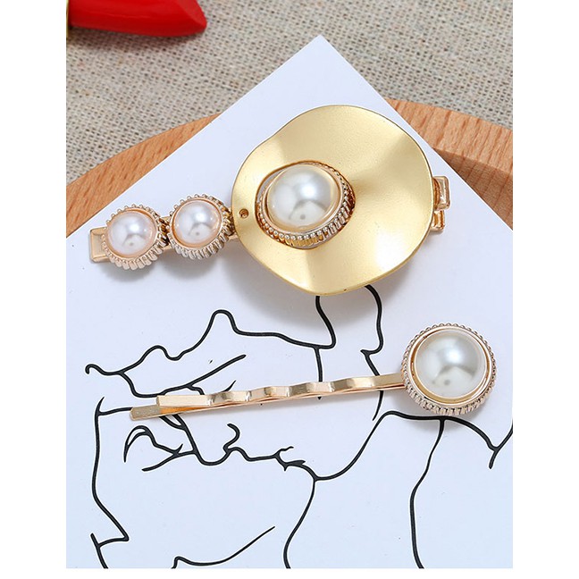 LRC Jepit Rambut Fashion Gold Metal Flower Pearl Two-piece Hair Clip A58163