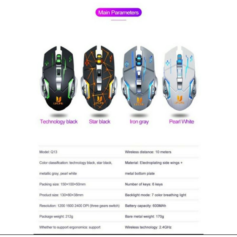 Upupin mouse gaming wireless RGB mode drag Click Q13