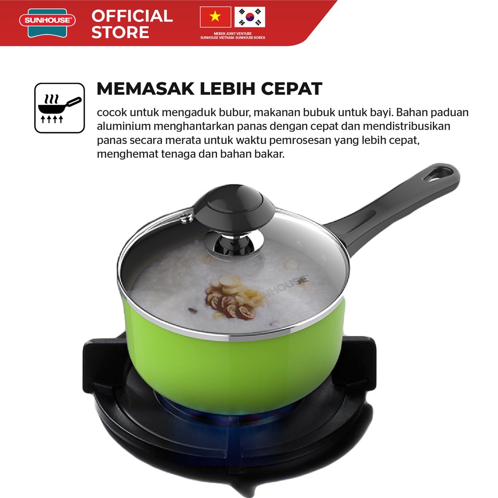 Sunhouse panci saucepan+ tutup kaca anti lengket hijau 14cm (shg-mp14) 1pcs