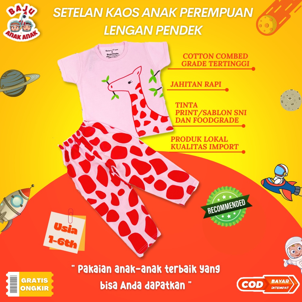 Setelan Baju Piyama Pink Jerapah Anak Perempuan Lengan Pendek Kualitas Import Terbaru Umur 1 2 3 4 5