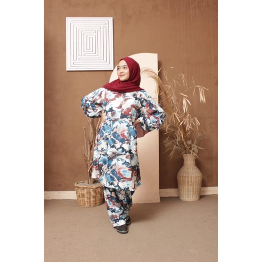 Set Tunik Motif Abstrak/Setelan Tunik/Tunik Busui/Setcel Tunik Rayon