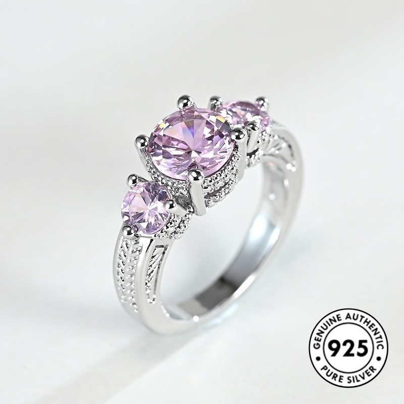 Cincin S925 Silver Aksen Berlian Warna Pink Gaya Klasik