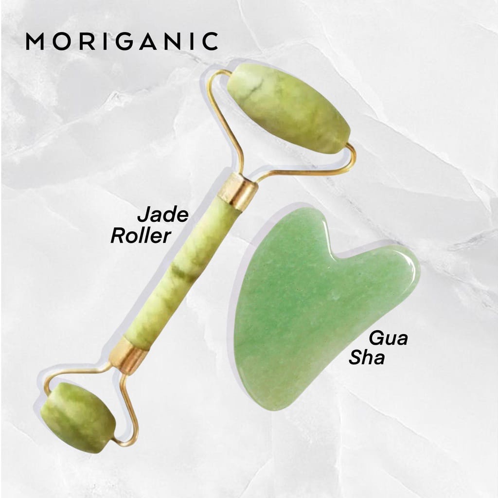 Moriganic Green Guasha dan Jade Roller Face Roller Tool Pemijat Muka Wajah Ramping Pipi Tirus (BATU GIOK ASLI)